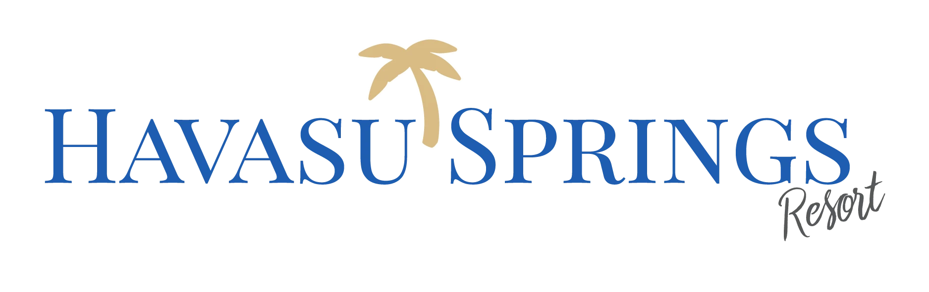 a blue text with a palm tree on a black background