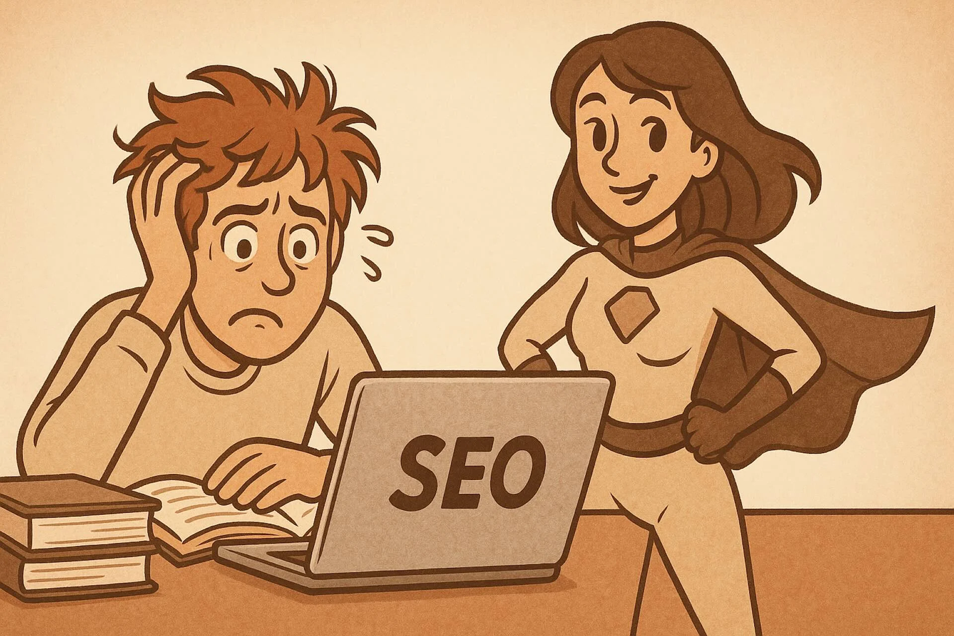 graphic image of someone trying to understand seo with the seo sidekick by there side.