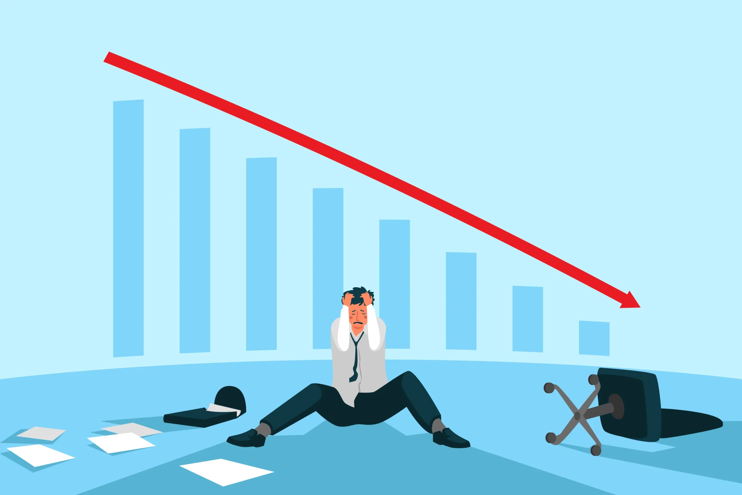 Business professionals analyzing a failing B2B website with charts and graphs, highlighting issues and solutions.