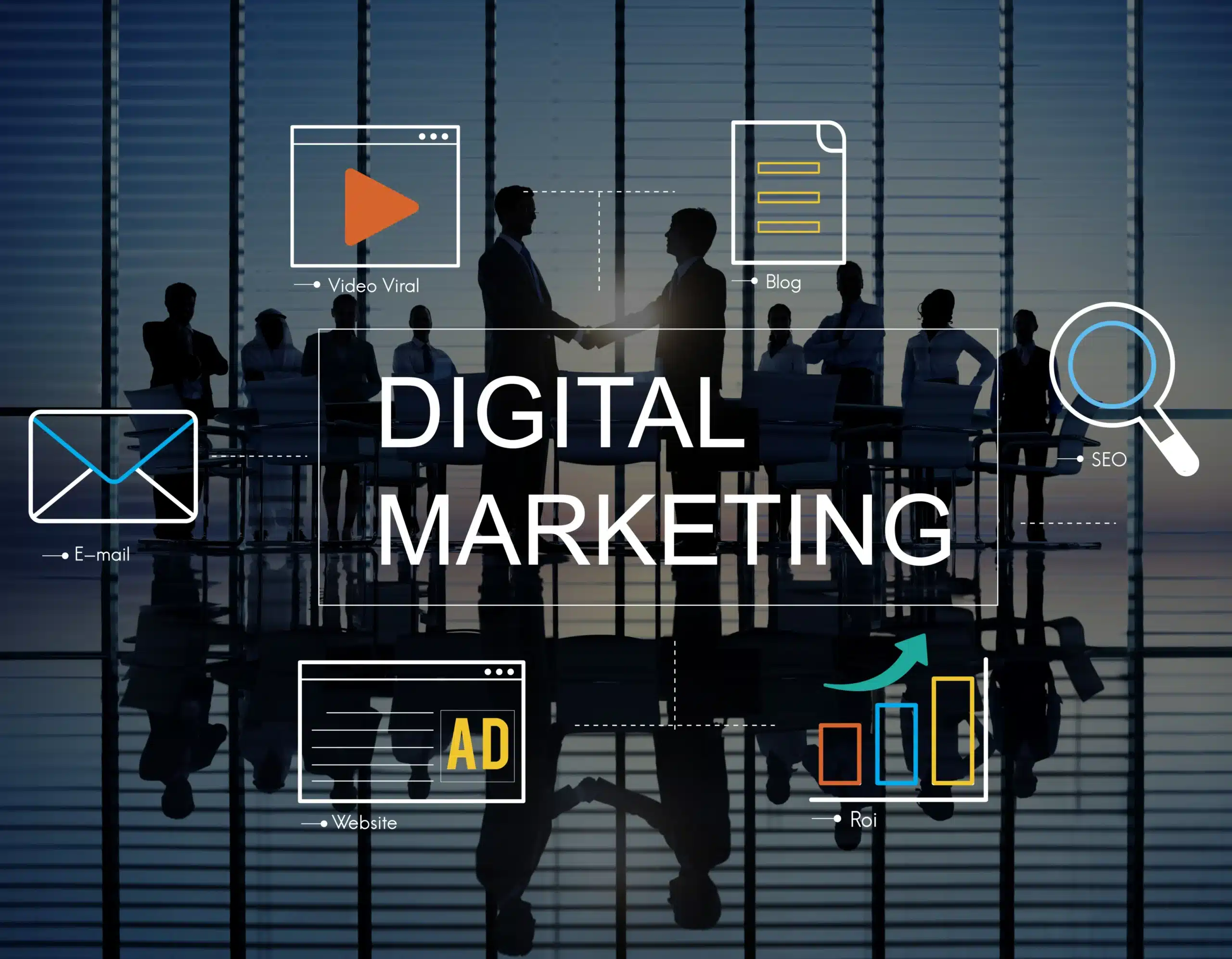 Digital marketing concepts including SEO, online advertising, email marketing, content, and ROI growth for businesses choosing a digital marketing company in the USA