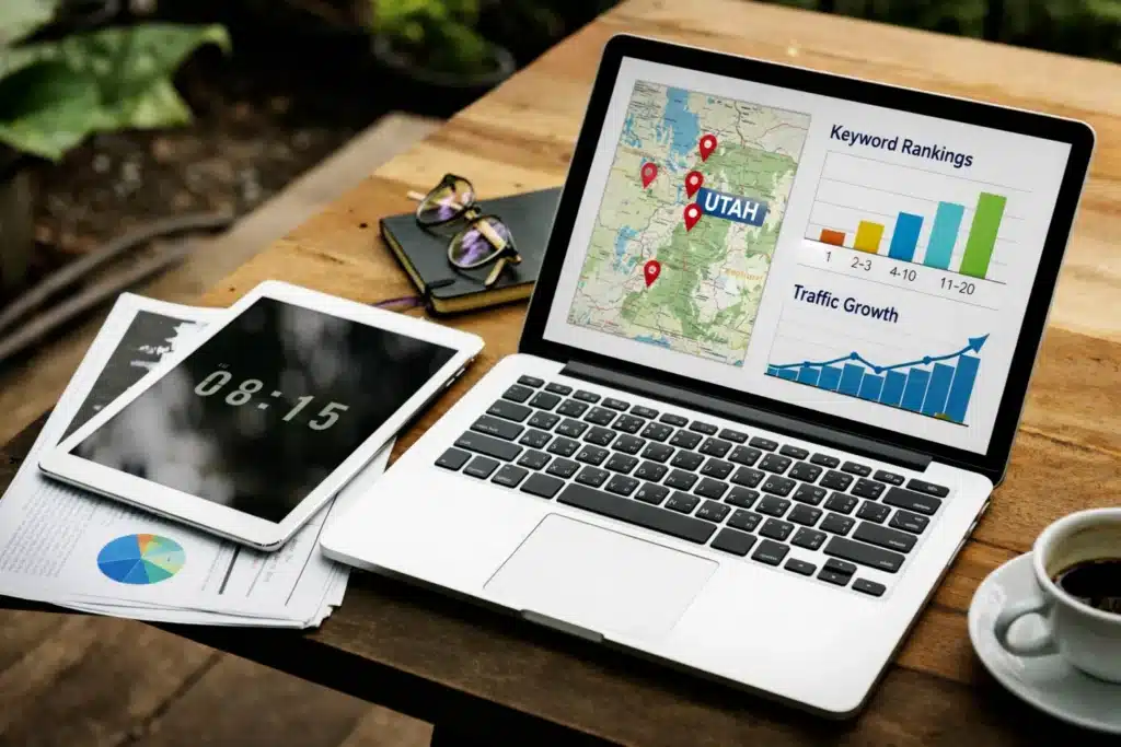 Laptop displaying Utah local SEO analytics, keyword rankings, and traffic growth for small business marketing