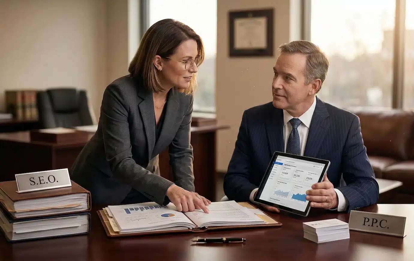 two people talking about how law firm seo services vs paid ads support a firms growth.