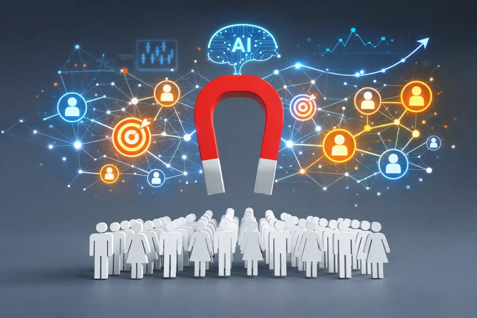 AI-powered marketing concept showing a magnet attracting customers with digital network connections and analytics icons