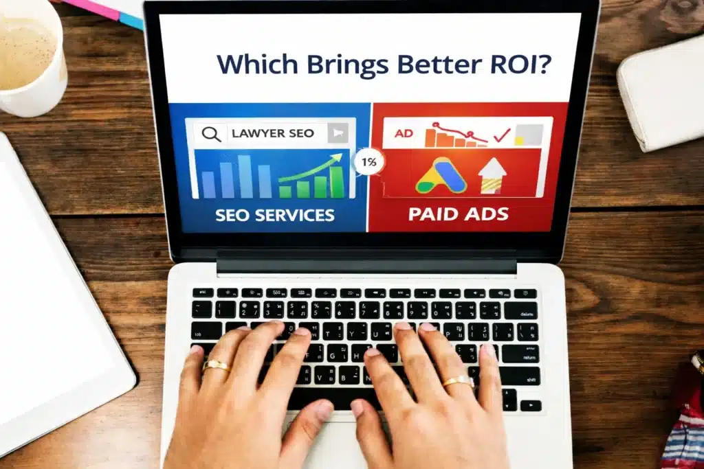 Laptop screen showing comparison of SEO services and paid ads with headline Which Brings Better ROI for law firms