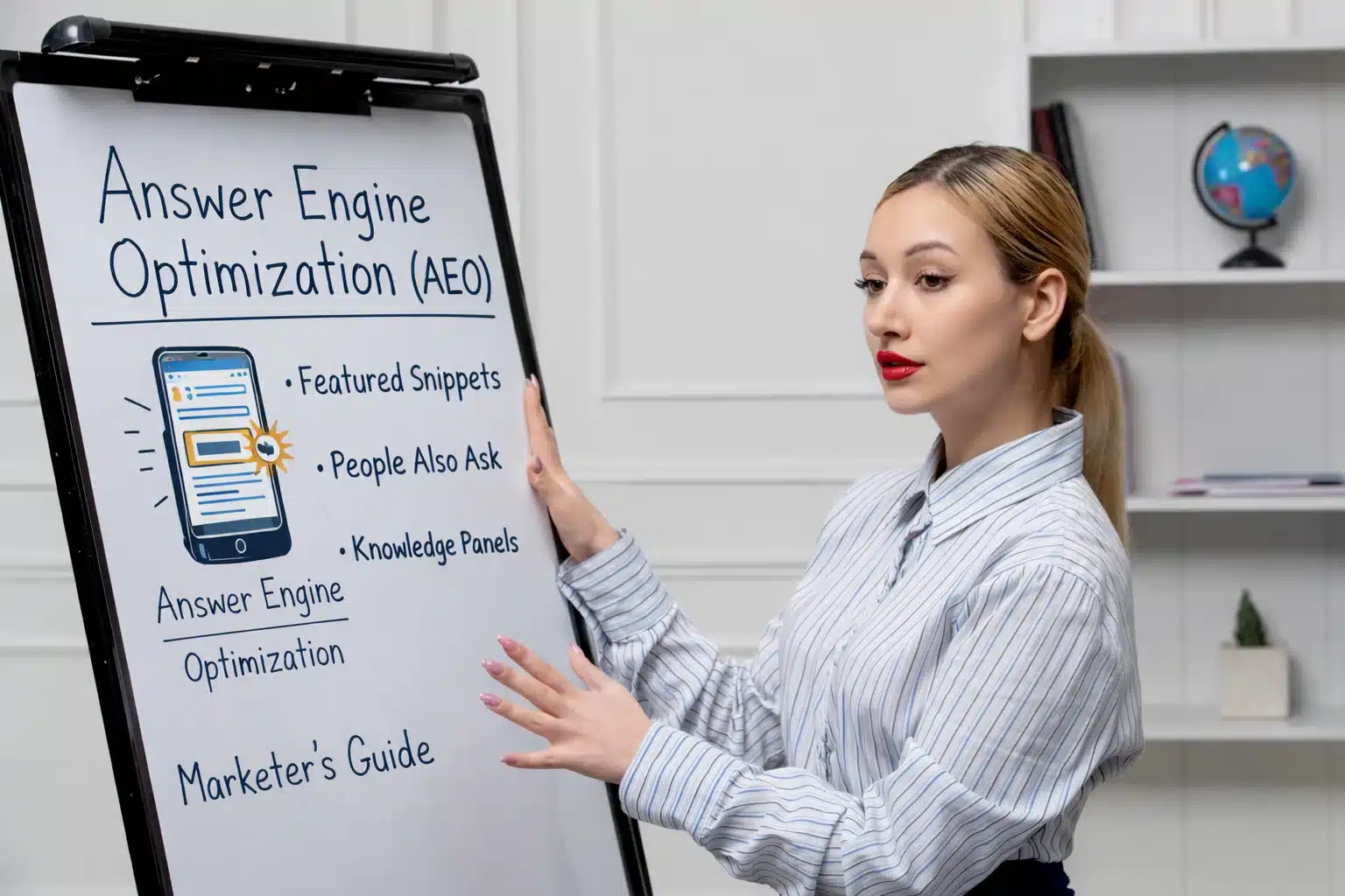 Marketer explaining answer engine optimization AEO on whiteboard with featured snippets and AI search concepts
