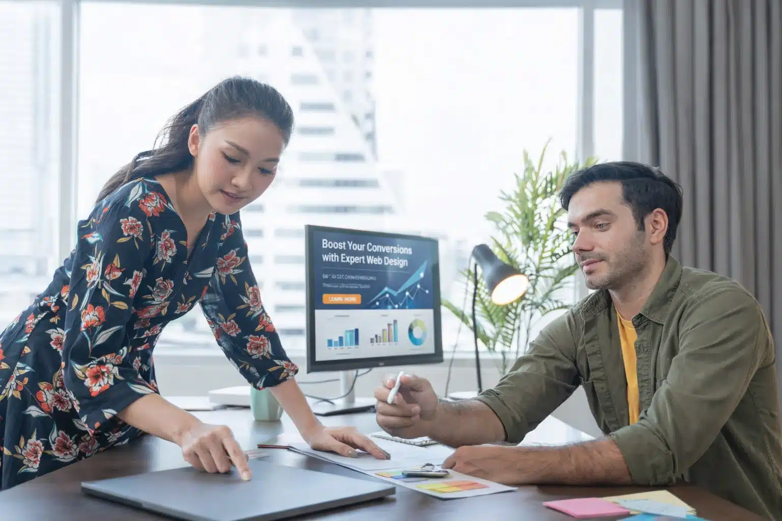 Professional web design team collaborating on website analytics and conversion optimization strategy