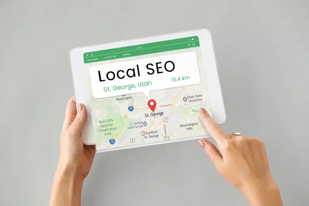 Tablet displaying St. George Utah map with location pin representing local SEO services improving business visibility