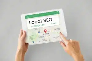 Tablet displaying St. George Utah map with location pin representing local SEO services improving business visibility