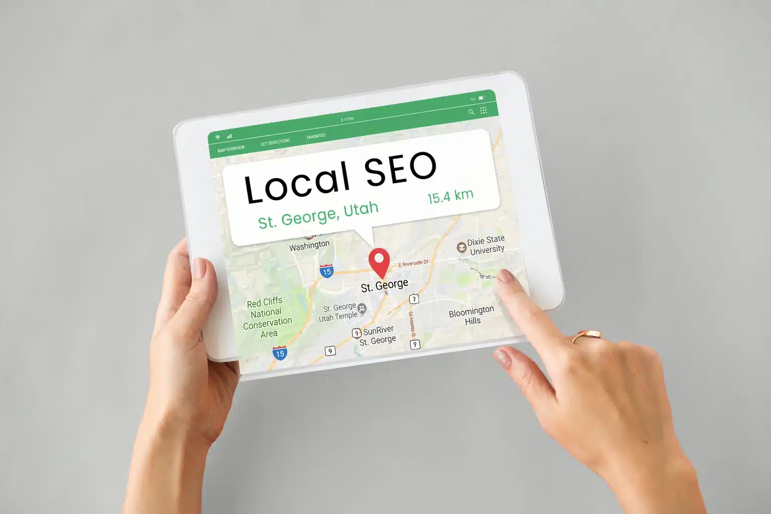 Tablet displaying St. George Utah map with location pin representing local SEO services improving business visibility