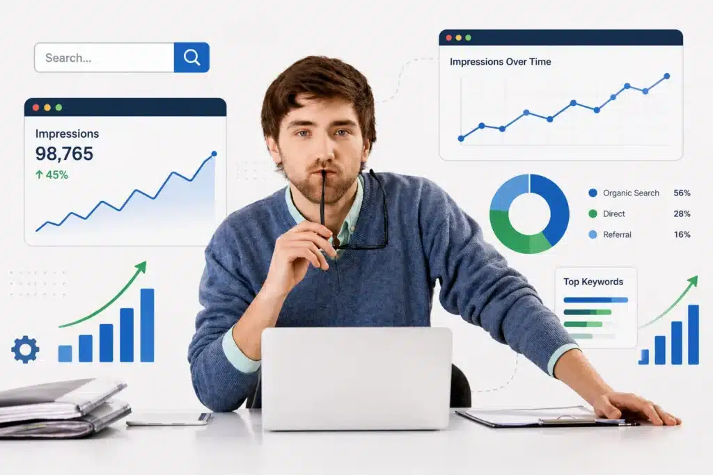 Professional analyzing SEO metrics and traffic growth charts on laptop before hiring an SEO agency