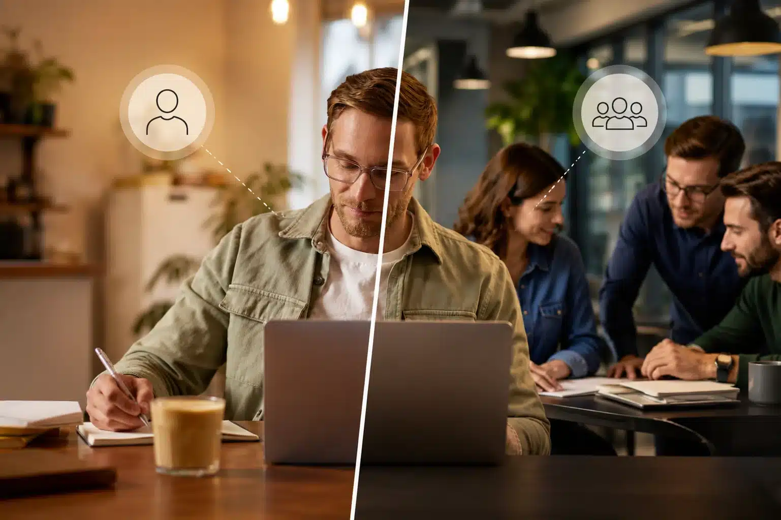 Split-screen comparison of a freelancer working alone and a web design agency team collaborating in an office environment for business website development