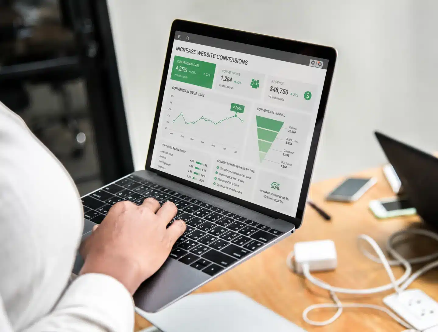 Person using a laptop displaying a website conversion analytics dashboard with performance metrics, conversion funnels, and growth insights in a modern workspace
