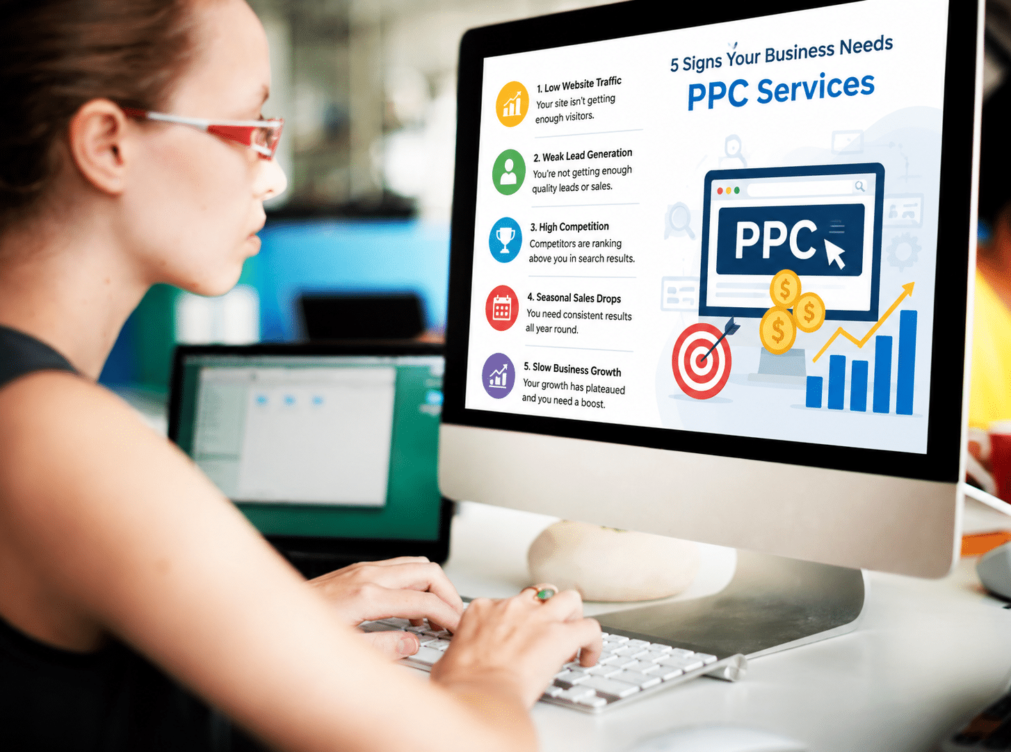 Business owner reviewing PPC campaign performance, website traffic, and digital marketing analytics on a desktop computer to improve online lead generation