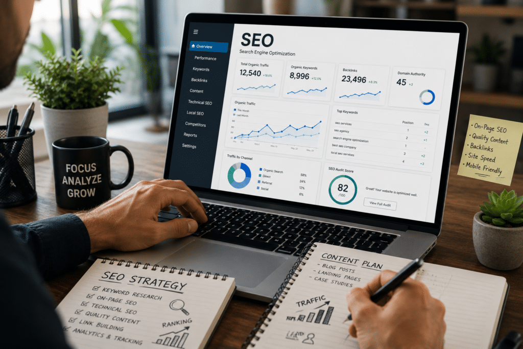 SEO specialist reviewing keyword rankings, traffic analytics, and optimization strategies on a laptop in a modern office workspace to improve business growth