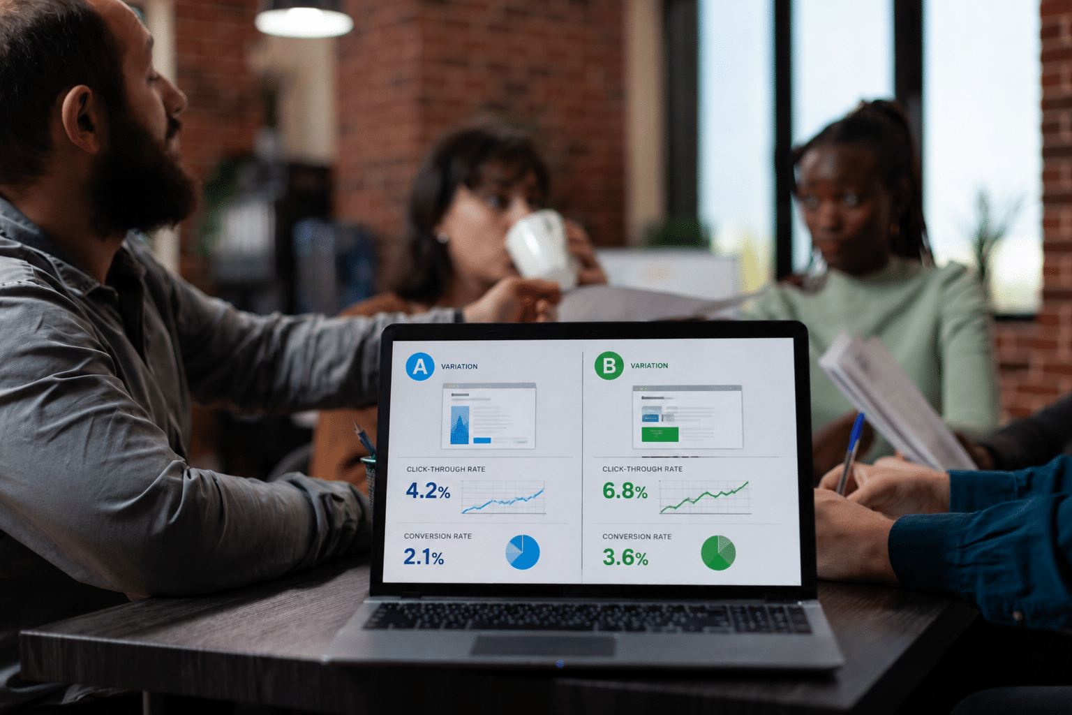Marketing team reviewing A/B testing results on a laptop dashboard to improve PPC click-through rates, conversion rates, and campaign performance