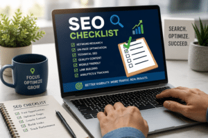 SEO checklist displayed on a laptop screen with keyword research, on-page optimization, technical SEO, link building, and analytics tasks for small business website optimization