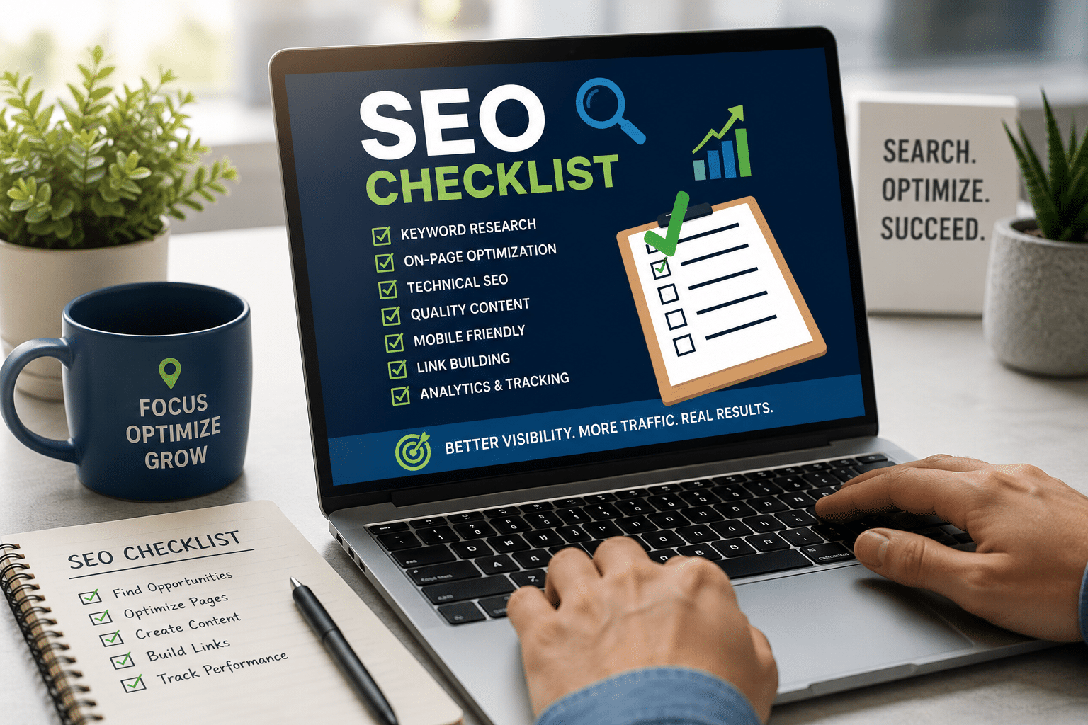 SEO checklist displayed on a laptop screen with keyword research, on-page optimization, technical SEO, link building, and analytics tasks for small business website optimization