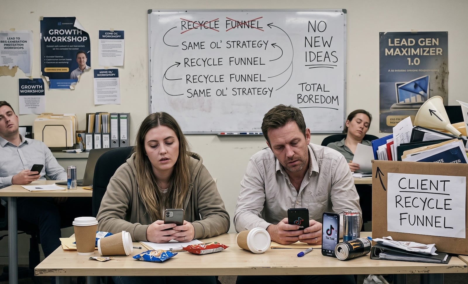 Bored lead gen agency employees in a dull meeting.