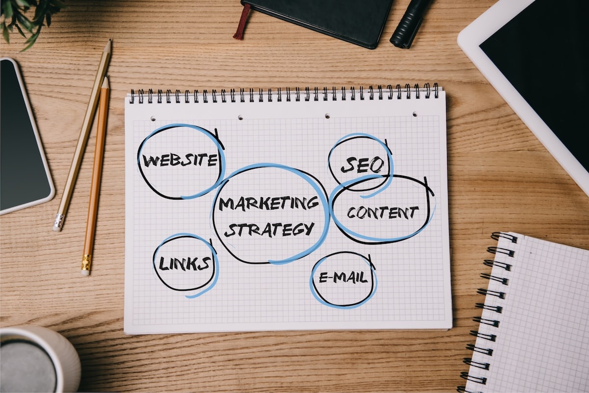 view of a business owners notes working through website marketing channels