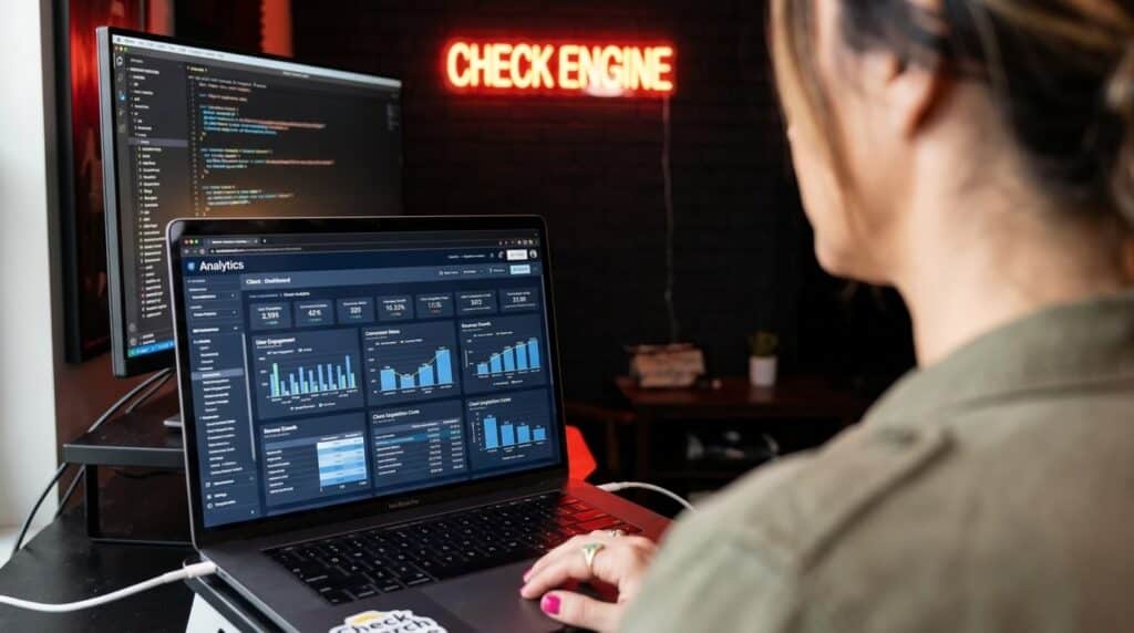 Amber Goetz working on her clients Analytics lead tracking for her clients