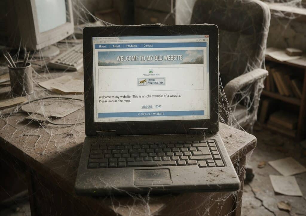old dusty office showcasing their old website on the screen of a very old laptop